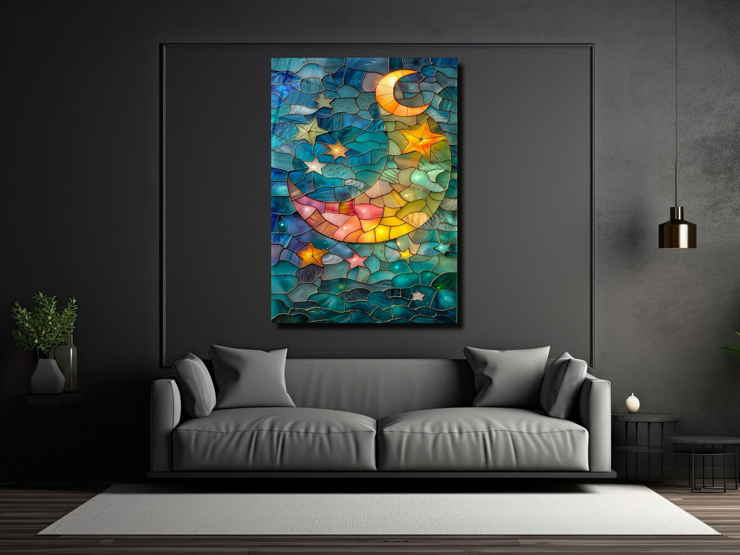 Stained Glass Moon&Star Pattern Wall Art Decor-Home&Office Glass Printing Wall Painting