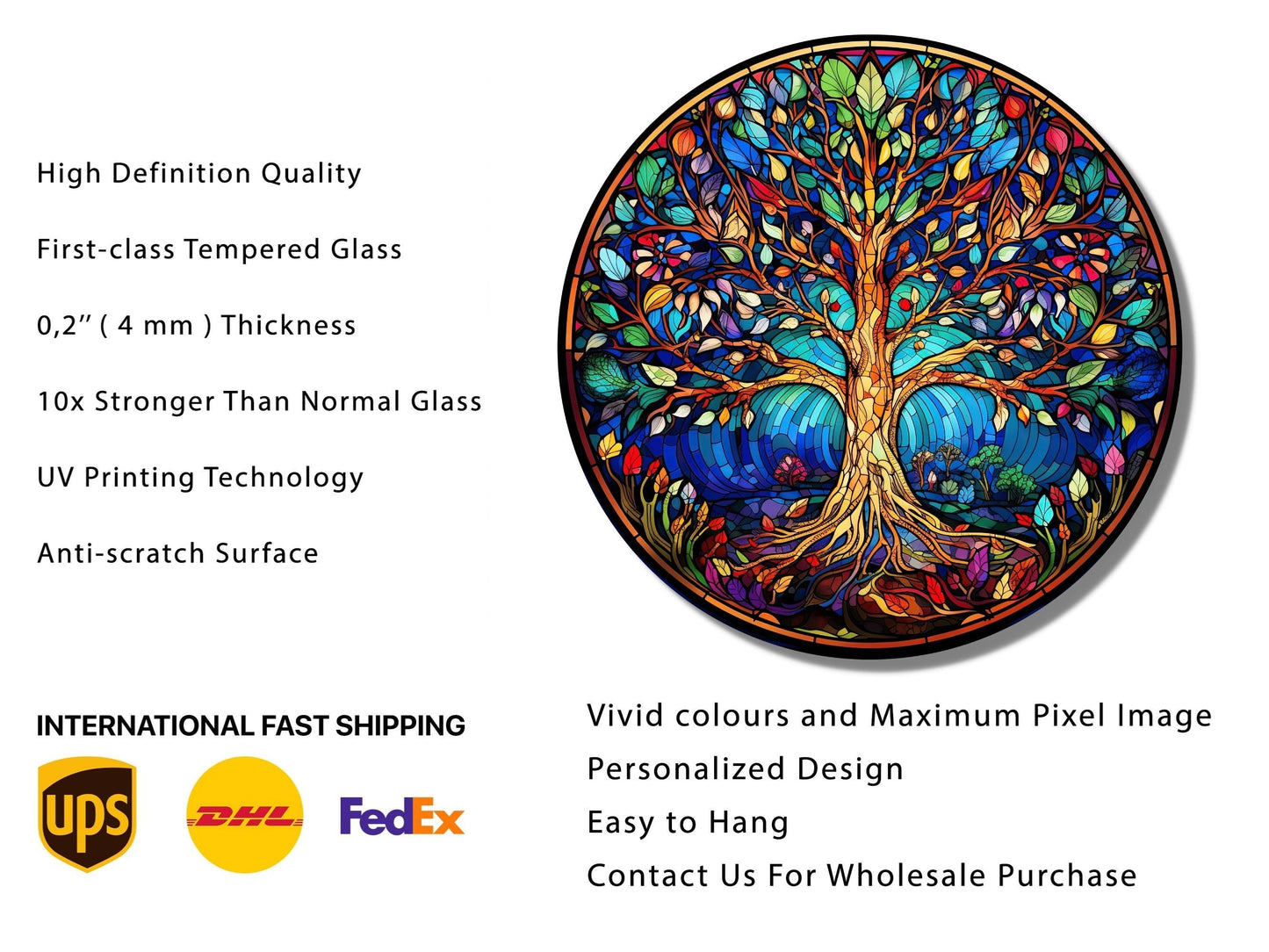 Tree of Life Stained Glass Pattern Wall Art Window-Wall Painting Decor Round