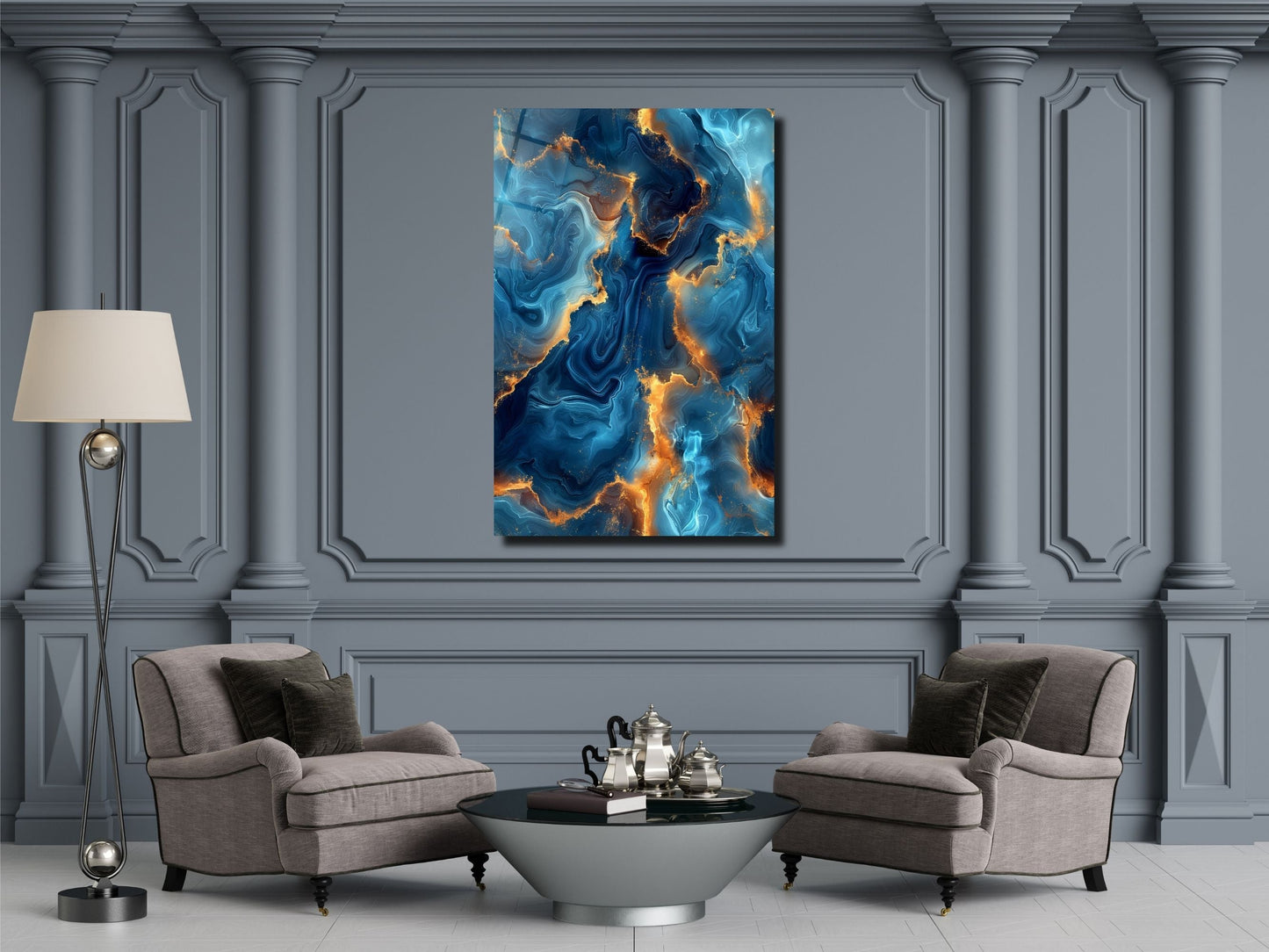 Abstract Blue&Gold Marble Pattern Glass Wall Art-Home&Office Glass Printing Wall Decor