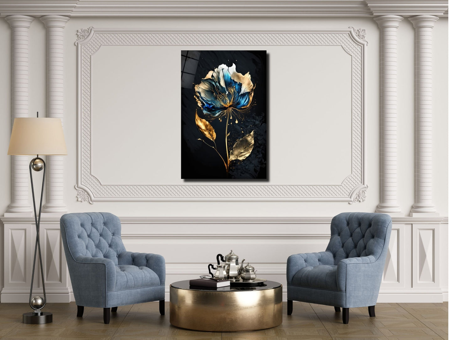 Abstract Blue&Gold Floral Glass Wall Art-Home&Office Glass Printing Wall Decor