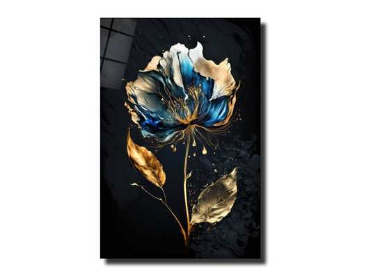 Abstract Blue&Gold Floral Glass Wall Art-Home&Office Glass Printing Wall Decor