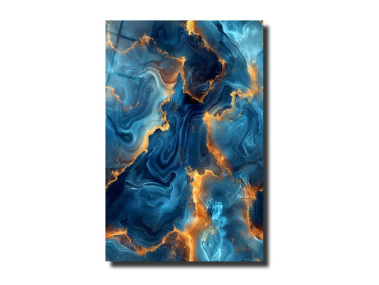 Abstract Blue&Gold Marble Pattern Glass Wall Art-Home&Office Glass Printing Wall Decor