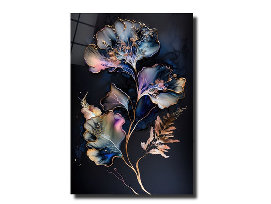 Abstract Blue&Gold Floral Glass Wall Art-Home&Office Glass Printing Wall Decor