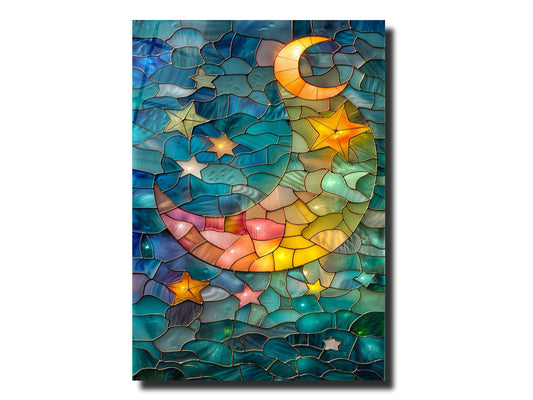Stained Glass Moon&Star Pattern Wall Art Decor-Home&Office Glass Printing Wall Painting