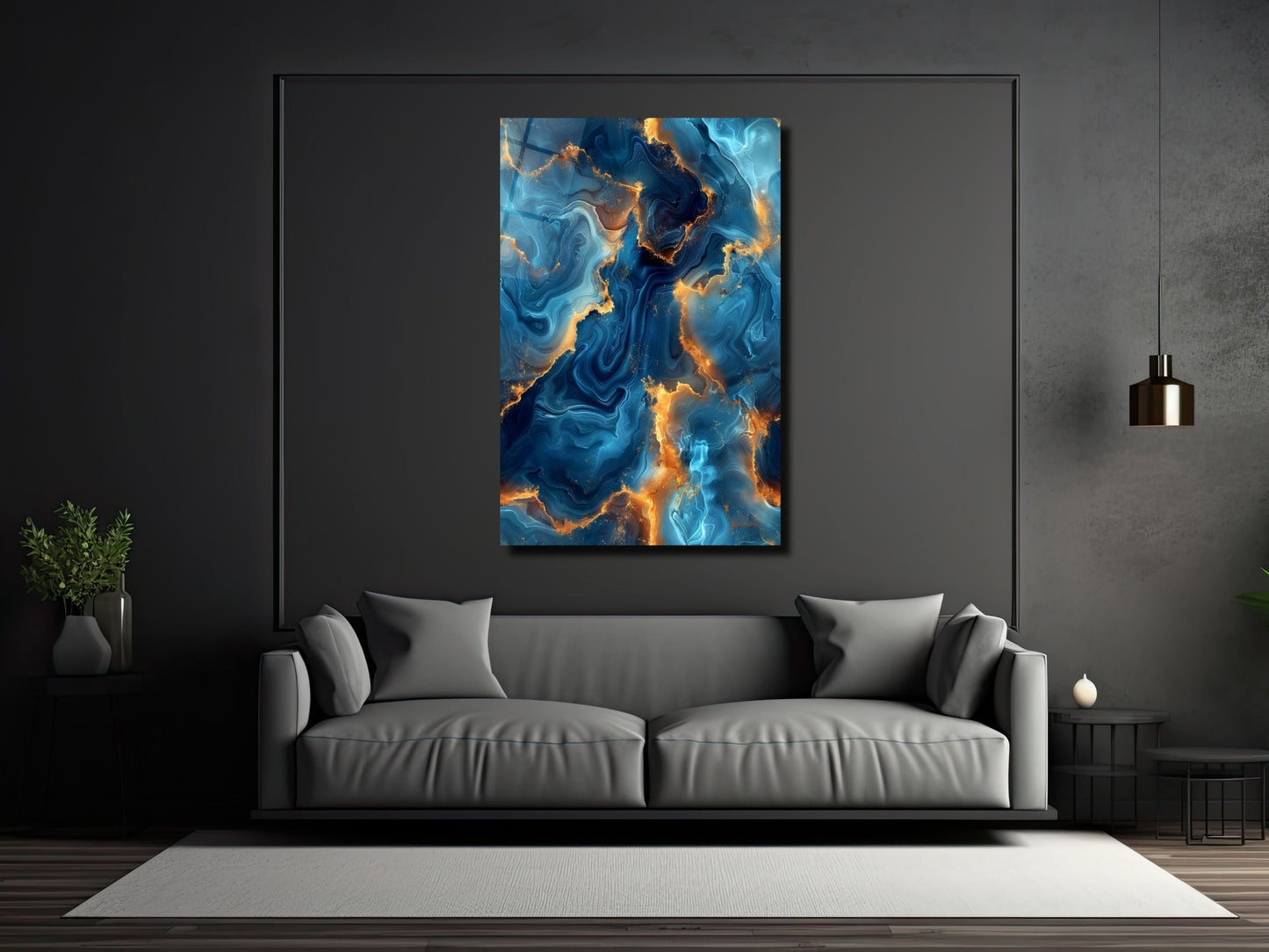 Abstract Blue&Gold Marble Pattern Glass Wall Art-Home&Office Glass Printing Wall Decor