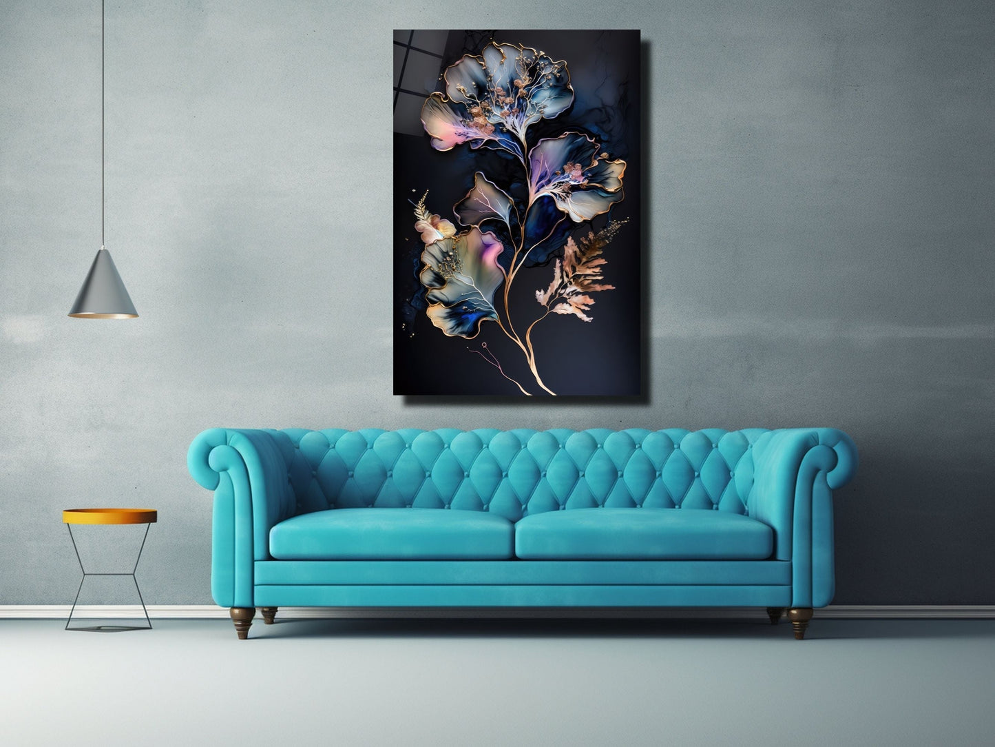 Abstract Blue&Gold Floral Glass Wall Art-Home&Office Glass Printing Wall Decor